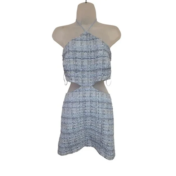 Bardot‎ Roma Plaid Cutout Halter Minidress Light Blue Sequins Sparkle Size S - Picture 2 of 6